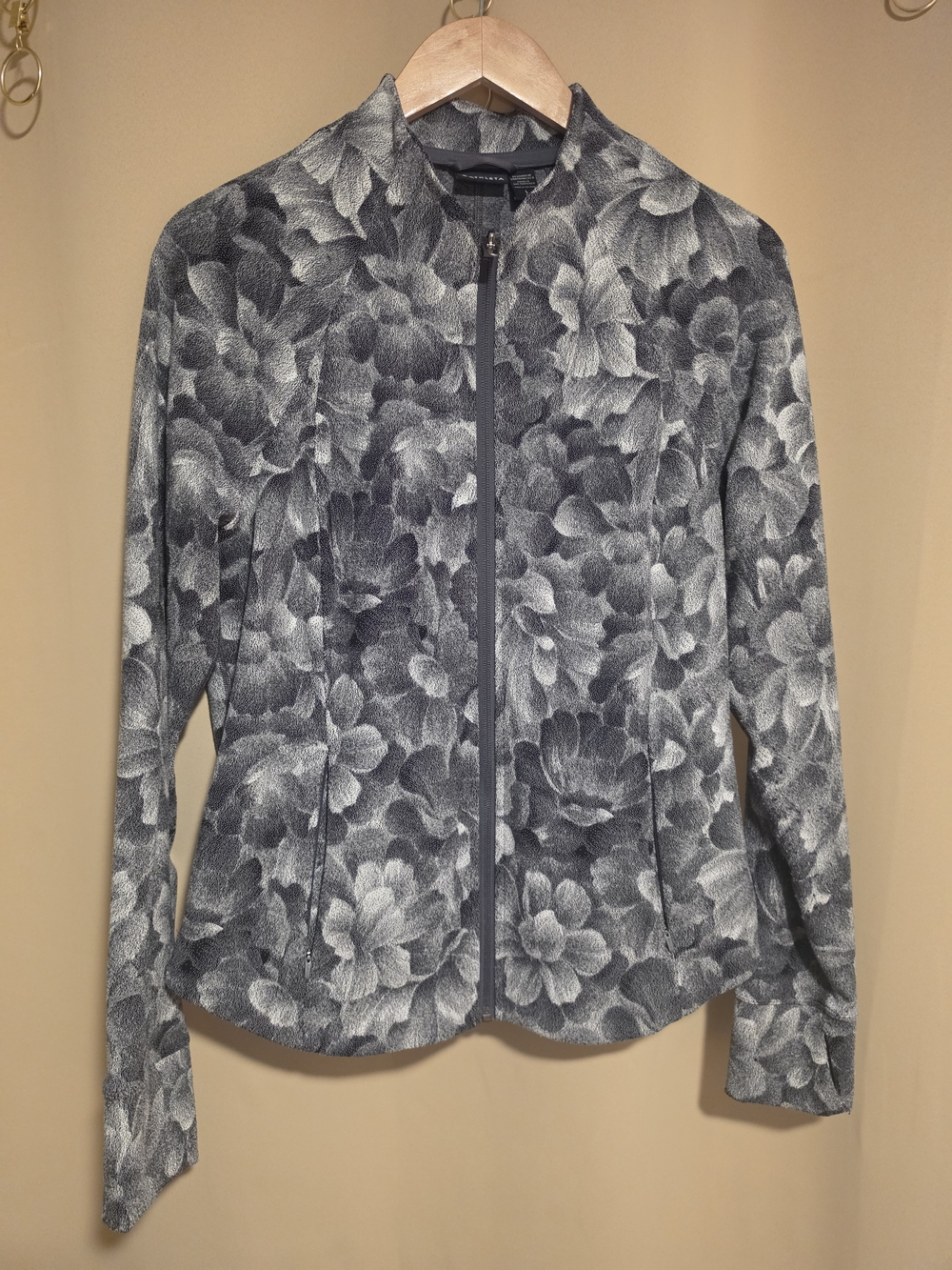 Athleta Gray Floral Zip-Front Bomber Jacket